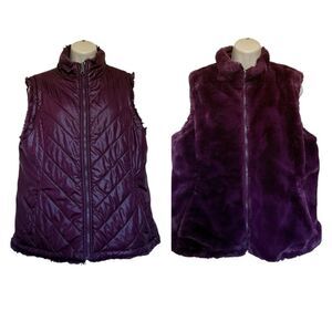 Nicole Miller Original Reversible Vest Puffer Faux Fur Zip Front Plum Sz L